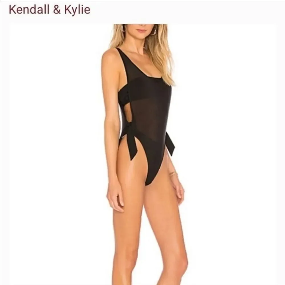 KENDALL & KYLIE SIDE TIE BLACK TWO LAYER MESH ONE PIECE Swimsuit Size Xlarge